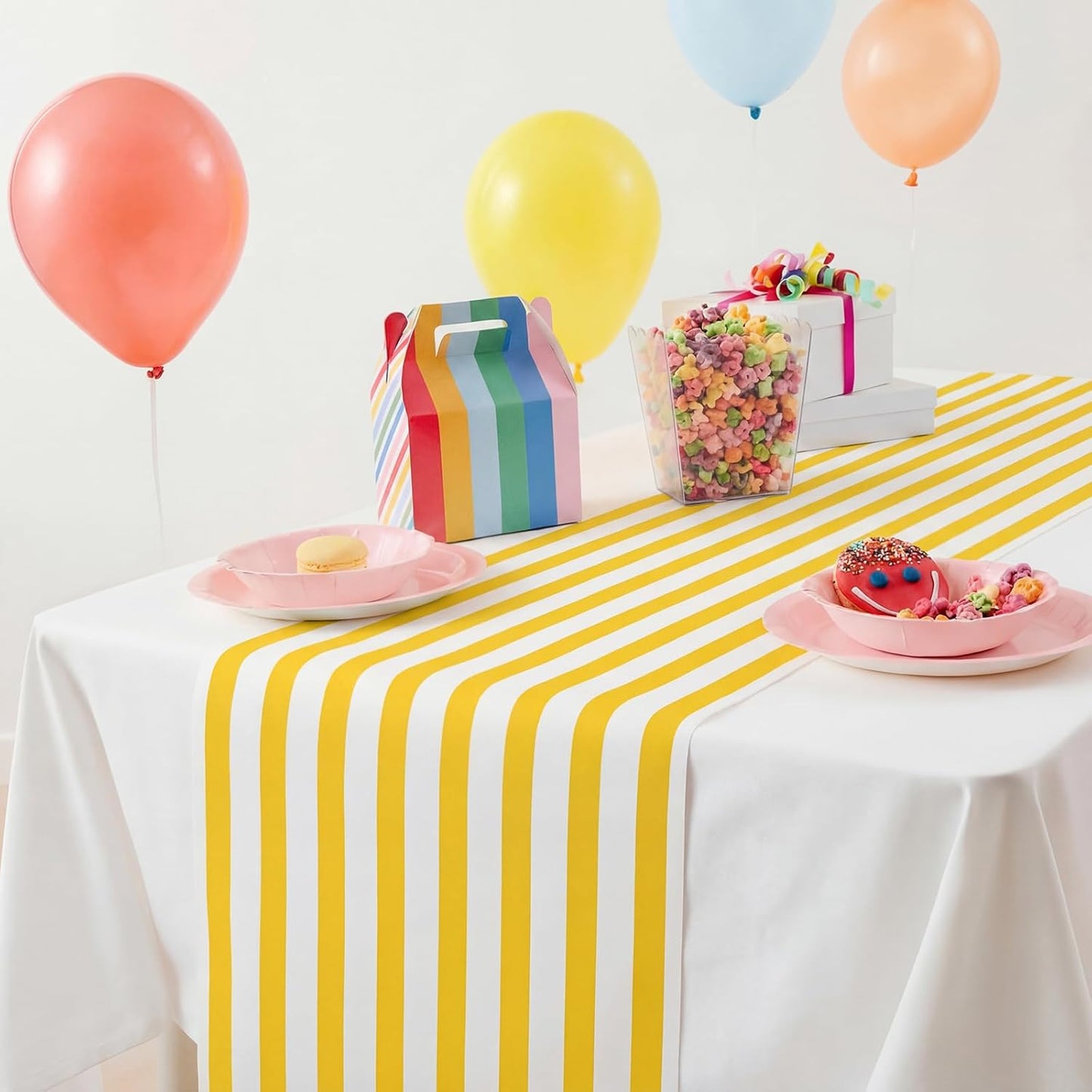 Yellow Striped Table Runner Roll - 25' Long X 16" Wide Disposable Paper Cabana Striped Table Runner for Birthday Wedding Carnival Christmas Party Kitchen Dining Tabletop Decoration