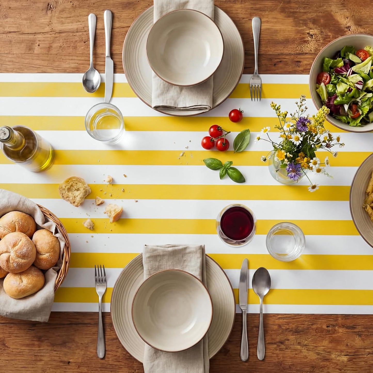 Yellow Striped Table Runner Roll - 25' Long X 16" Wide Disposable Paper Cabana Striped Table Runner for Birthday Wedding Carnival Christmas Party Kitchen Dining Tabletop Decoration