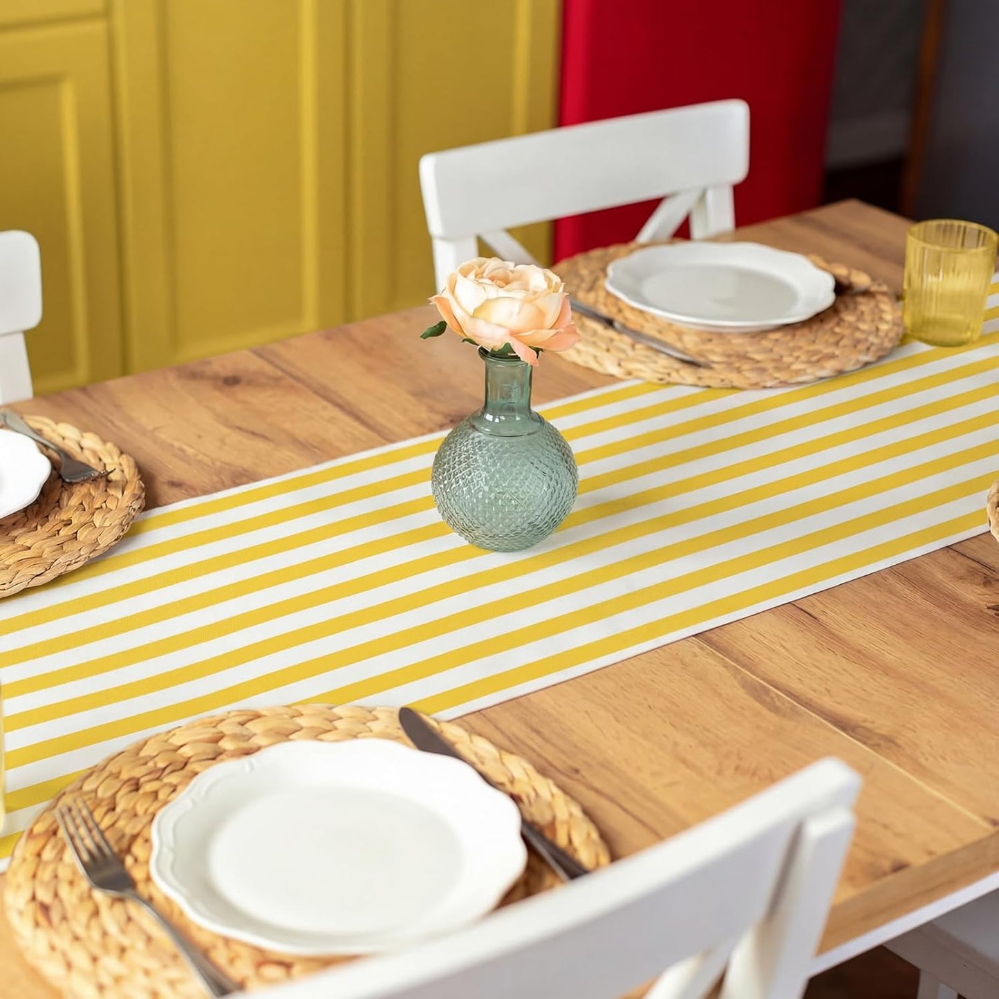 Yellow Striped Table Runner Roll - 25' Long X 16" Wide Disposable Paper Cabana Striped Table Runner for Birthday Wedding Carnival Christmas Party Kitchen Dining Tabletop Decoration