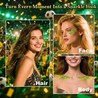 Green and Yellow Hair Glitter,Brazil Body Glitter,Gold Green Hair Sparkle Brasil Face Glitter Makeup for Mardi Gras Carnival Irish Festival Party,Body Glitter Accessories for Women