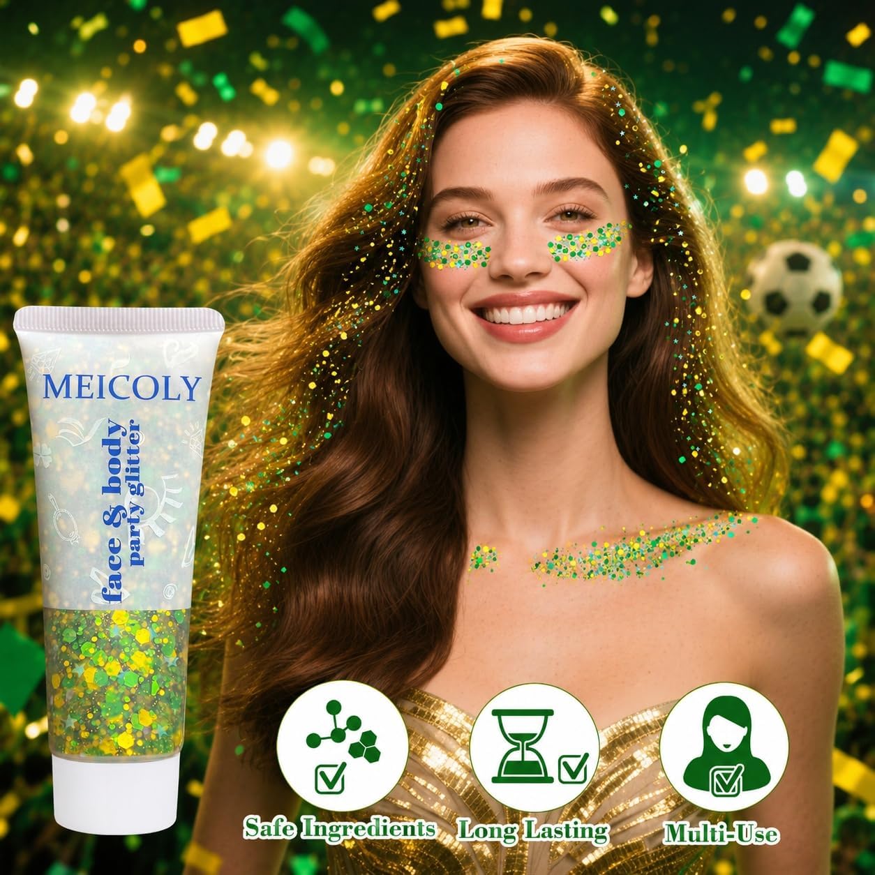 Green and Yellow Hair Glitter,Brazil Body Glitter,Gold Green Hair Sparkle Brasil Face Glitter Makeup for Mardi Gras Carnival Irish Festival Party,Body Glitter Accessories for Women
