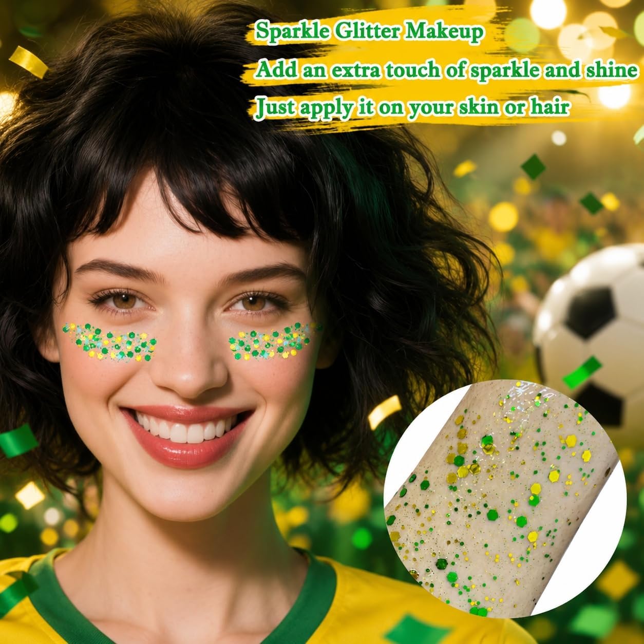 Green and Yellow Hair Glitter,Brazil Body Glitter,Gold Green Hair Sparkle Brasil Face Glitter Makeup for Mardi Gras Carnival Irish Festival Party,Body Glitter Accessories for Women
