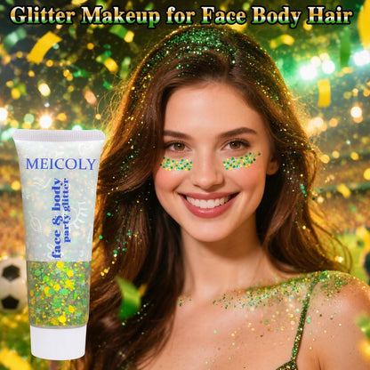 Green and Yellow Hair Glitter,Brazil Body Glitter,Gold Green Hair Sparkle Brasil Face Glitter Makeup for Mardi Gras Carnival Irish Festival Party,Body Glitter Accessories for Women