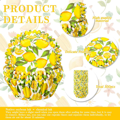 300Pcs Lemon Cupcake Liners Paper Baking Cups Summer Fruit Standard Muffin Cupcake Wrappers for Birthday Bridal Baby Shower Party Supplies