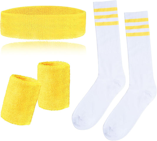 5 Pieces Striped Sweatbands and Socks Set, Sports Sweatbands Wrist Sweat Bands Red, White& Blue High Tube Socks 80s Accessories Costumes for Men Women