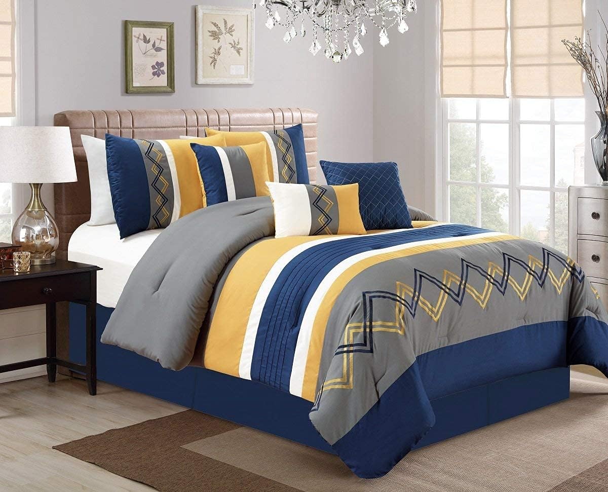 Arden 7-Piece Modern Pleated Stripe Embroidered Zigzag Bedding Comforter Set (Queen, Navy/Gray/Yellow/White)