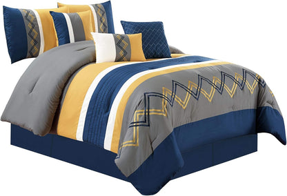 Arden 7-Piece Modern Pleated Stripe Embroidered Zigzag Bedding Comforter Set (Queen, Navy/Gray/Yellow/White)