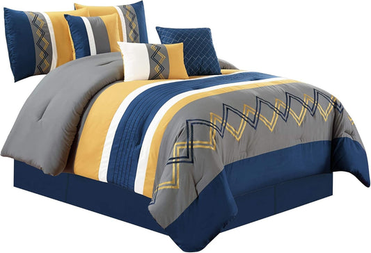 Arden 7-Piece Modern Pleated Stripe Embroidered Zigzag Bedding Comforter Set (Queen, Navy/Gray/Yellow/White)