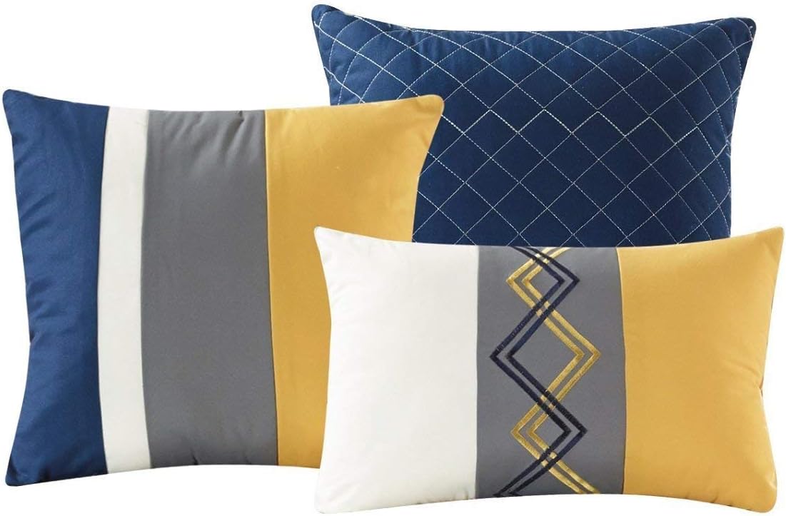Arden 7-Piece Modern Pleated Stripe Embroidered Zigzag Bedding Comforter Set (Queen, Navy/Gray/Yellow/White)