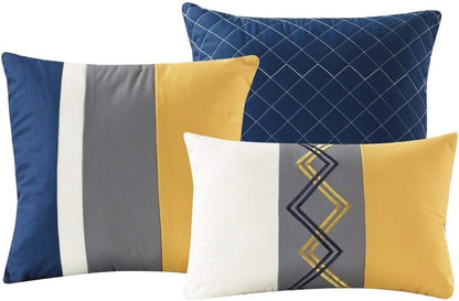 Arden 7-Piece Modern Pleated Stripe Embroidered Zigzag Bedding Comforter Set (Queen, Navy/Gray/Yellow/White)