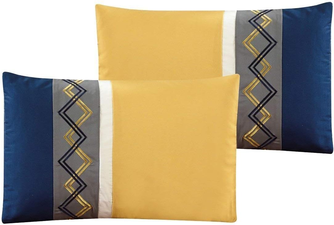 Arden 7-Piece Modern Pleated Stripe Embroidered Zigzag Bedding Comforter Set (Queen, Navy/Gray/Yellow/White)
