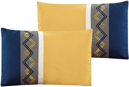 Arden 7-Piece Modern Pleated Stripe Embroidered Zigzag Bedding Comforter Set (Queen, Navy/Gray/Yellow/White)