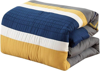 Arden 7-Piece Modern Pleated Stripe Embroidered Zigzag Bedding Comforter Set (Queen, Navy/Gray/Yellow/White)