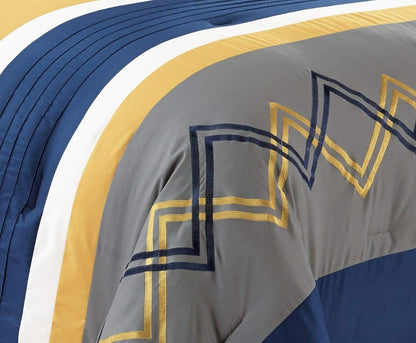 Arden 7-Piece Modern Pleated Stripe Embroidered Zigzag Bedding Comforter Set (Queen, Navy/Gray/Yellow/White)