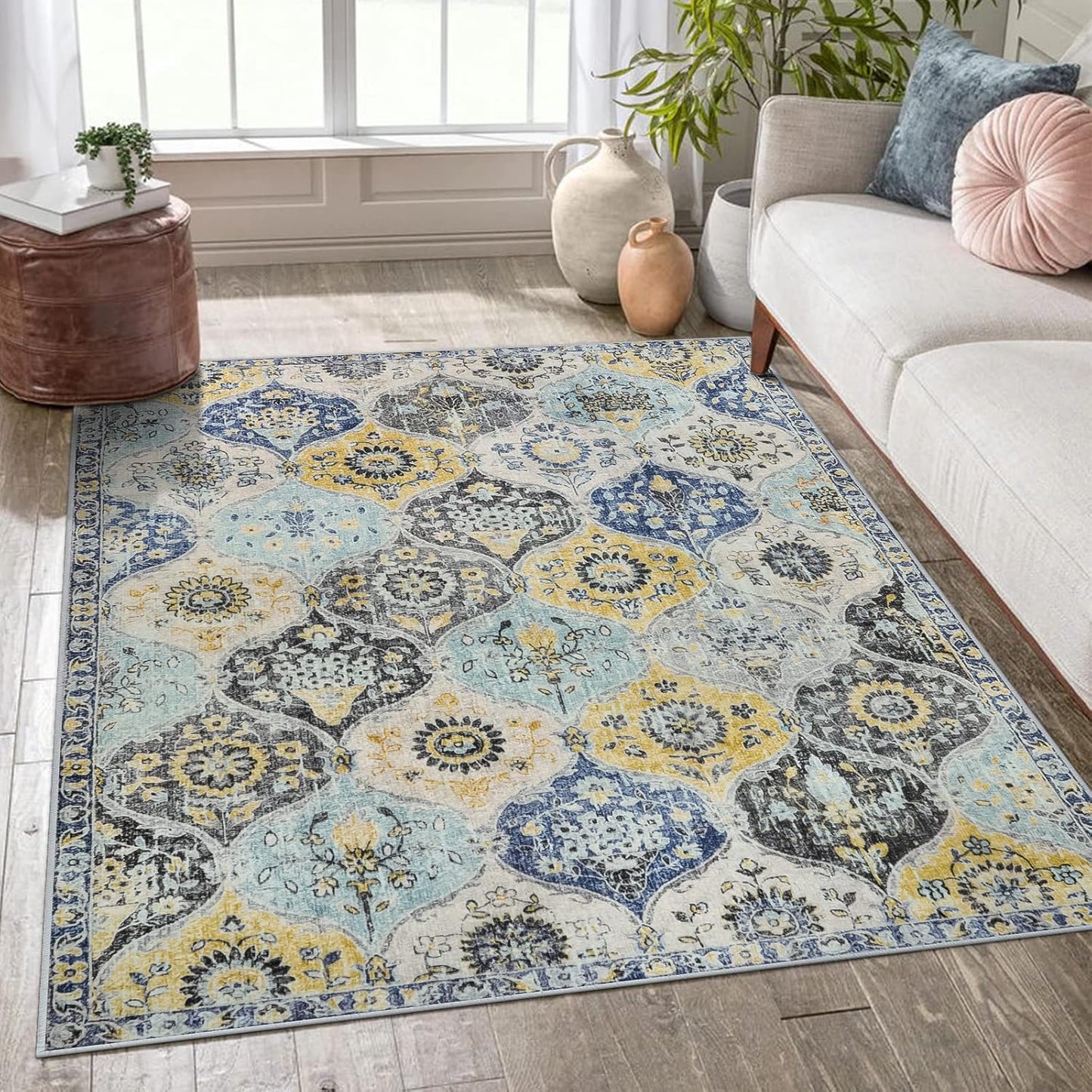 Moroccan Trellis Washable Small Area Rug, 3x5 Area Rug for Bedroom Living Room, Non-Slip Oriental Throw Carpet for Kitchen Office Entryway Bathroom Office Elise, Yellow/Aqua