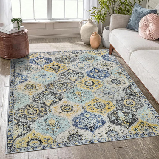 Moroccan Trellis Washable Small Area Rug, 3x5 Area Rug for Bedroom Living Room, Non-Slip Oriental Throw Carpet for Kitchen Office Entryway Bathroom Office Elise, Yellow/Aqua