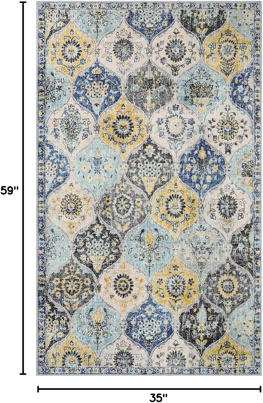 Moroccan Trellis Washable Small Area Rug, 3x5 Area Rug for Bedroom Living Room, Non-Slip Oriental Throw Carpet for Kitchen Office Entryway Bathroom Office Elise, Yellow/Aqua