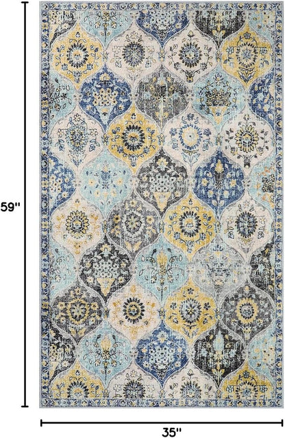 Moroccan Trellis Washable Small Area Rug, 3x5 Area Rug for Bedroom Living Room, Non-Slip Oriental Throw Carpet for Kitchen Office Entryway Bathroom Office Elise, Yellow/Aqua