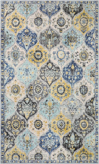 Moroccan Trellis Washable Small Area Rug, 3x5 Area Rug for Bedroom Living Room, Non-Slip Oriental Throw Carpet for Kitchen Office Entryway Bathroom Office Elise, Yellow/Aqua