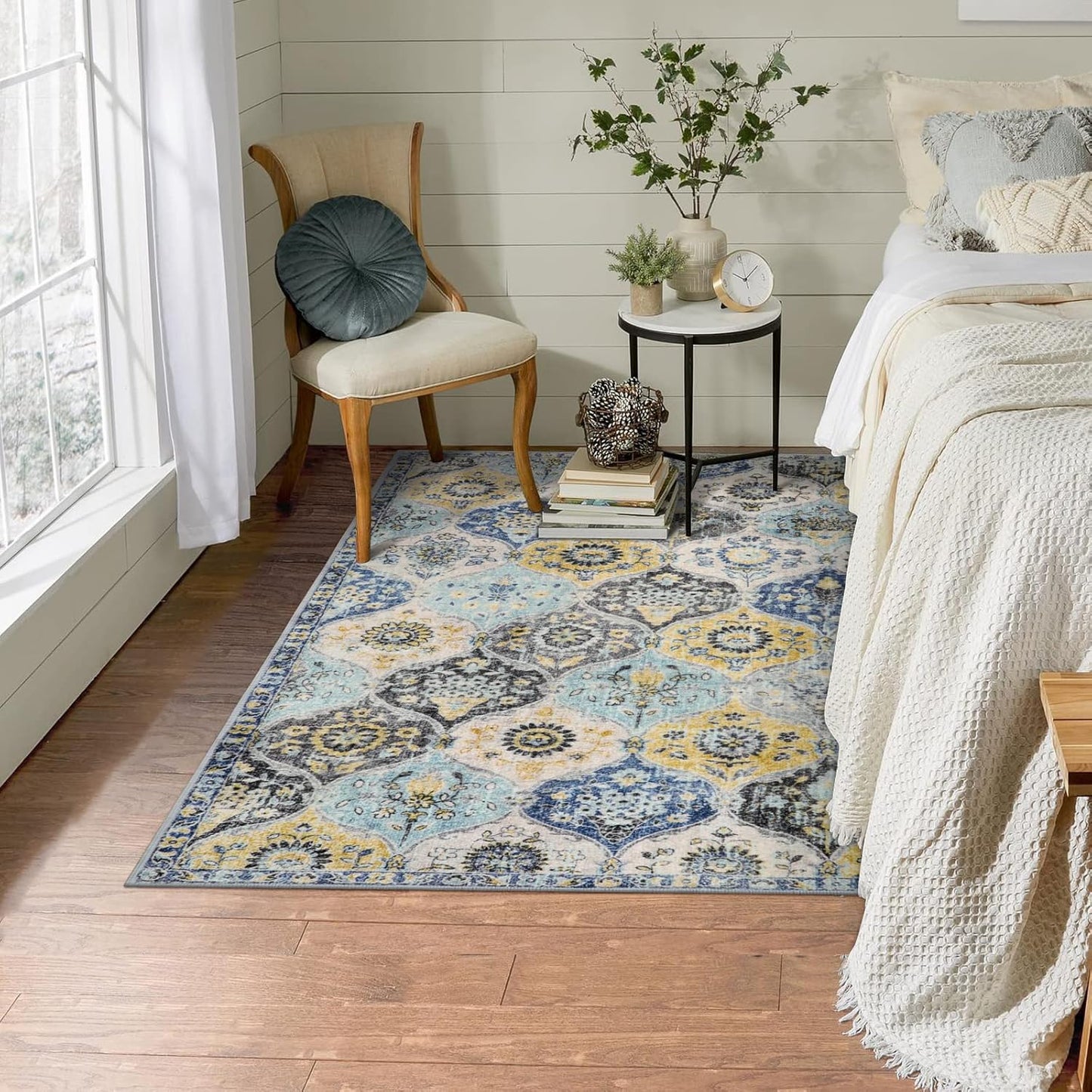 Moroccan Trellis Washable Small Area Rug, 3x5 Area Rug for Bedroom Living Room, Non-Slip Oriental Throw Carpet for Kitchen Office Entryway Bathroom Office Elise, Yellow/Aqua