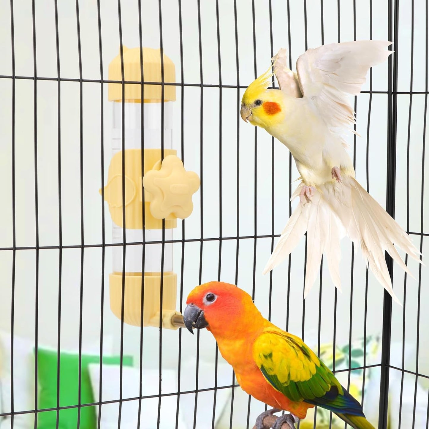 Bird Water Dispenser Parrot Waterer Automatic Bird Water Feeder for Medium Birds Cockatiel Conure Caique (Yellow (6.8oz))