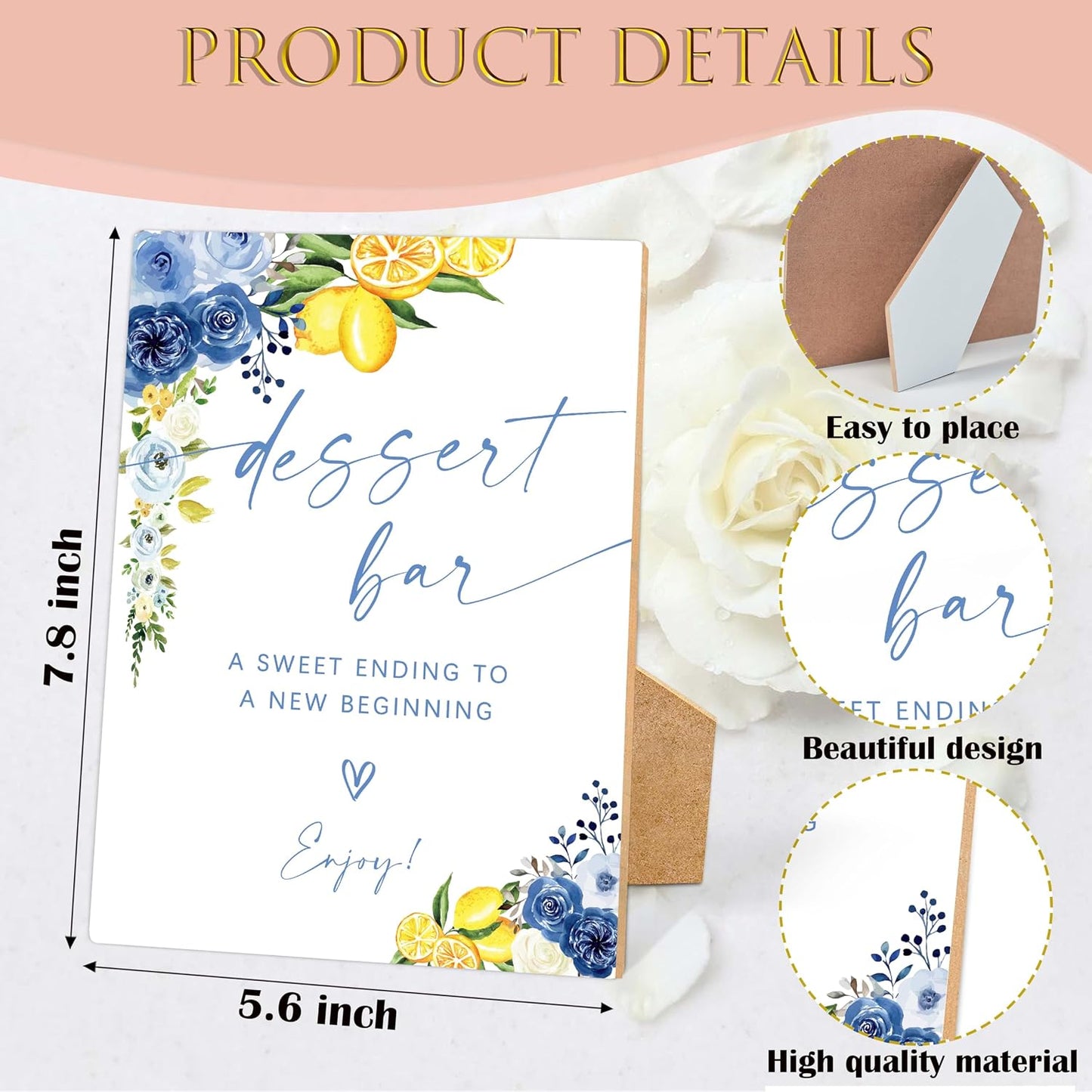 Floral Wedding Dessert Bar Sign, Something Blue Bridal Shower Sign, Wooden Blue Lemon Bridal Shower Decorations, Party Supplies for Engagement Wedding Must Have for Reception and Ceremony, 30
