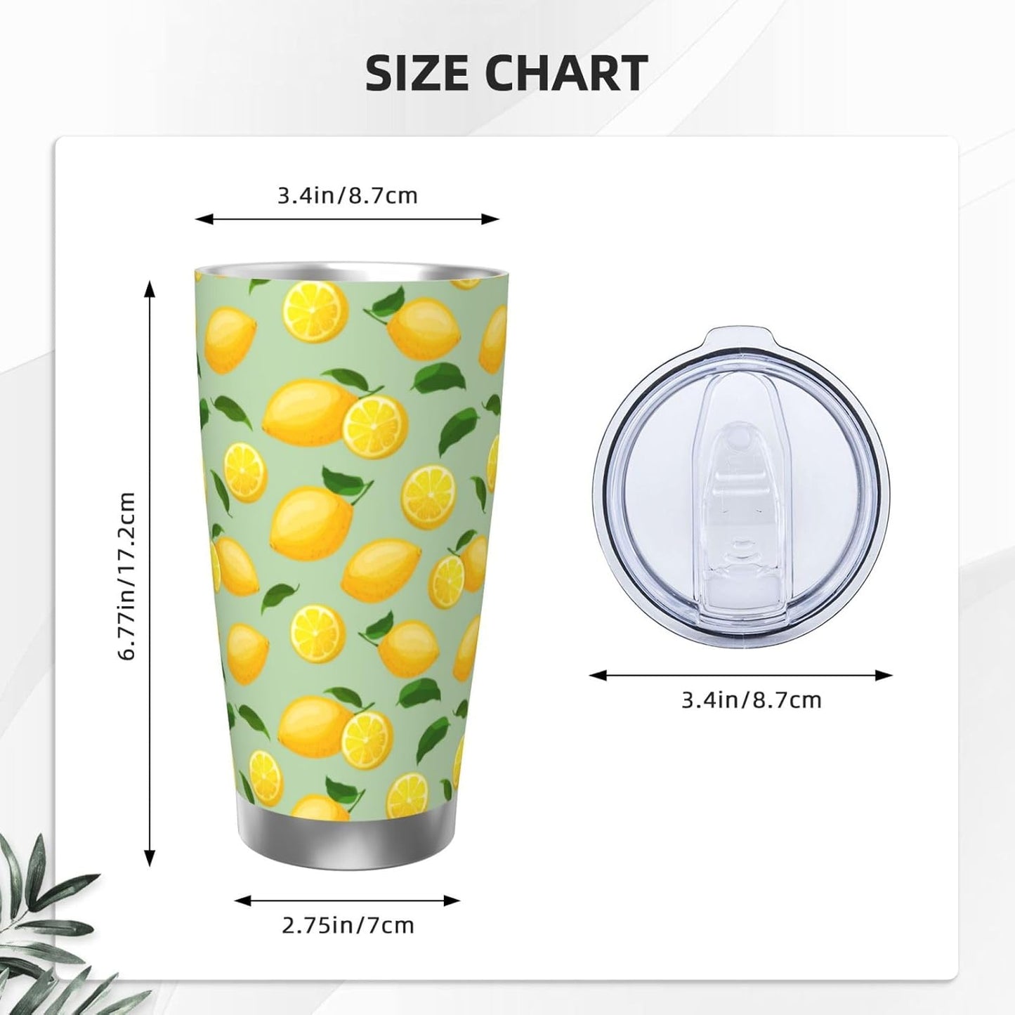 Lemon Tumbler 20oz Fruit Stainless Steel Vacuum Insulated Tumblers with Lid and Straw Mint Green Travel Coffee Mug Tea Wine Cups Water Bottle Gifts for Women