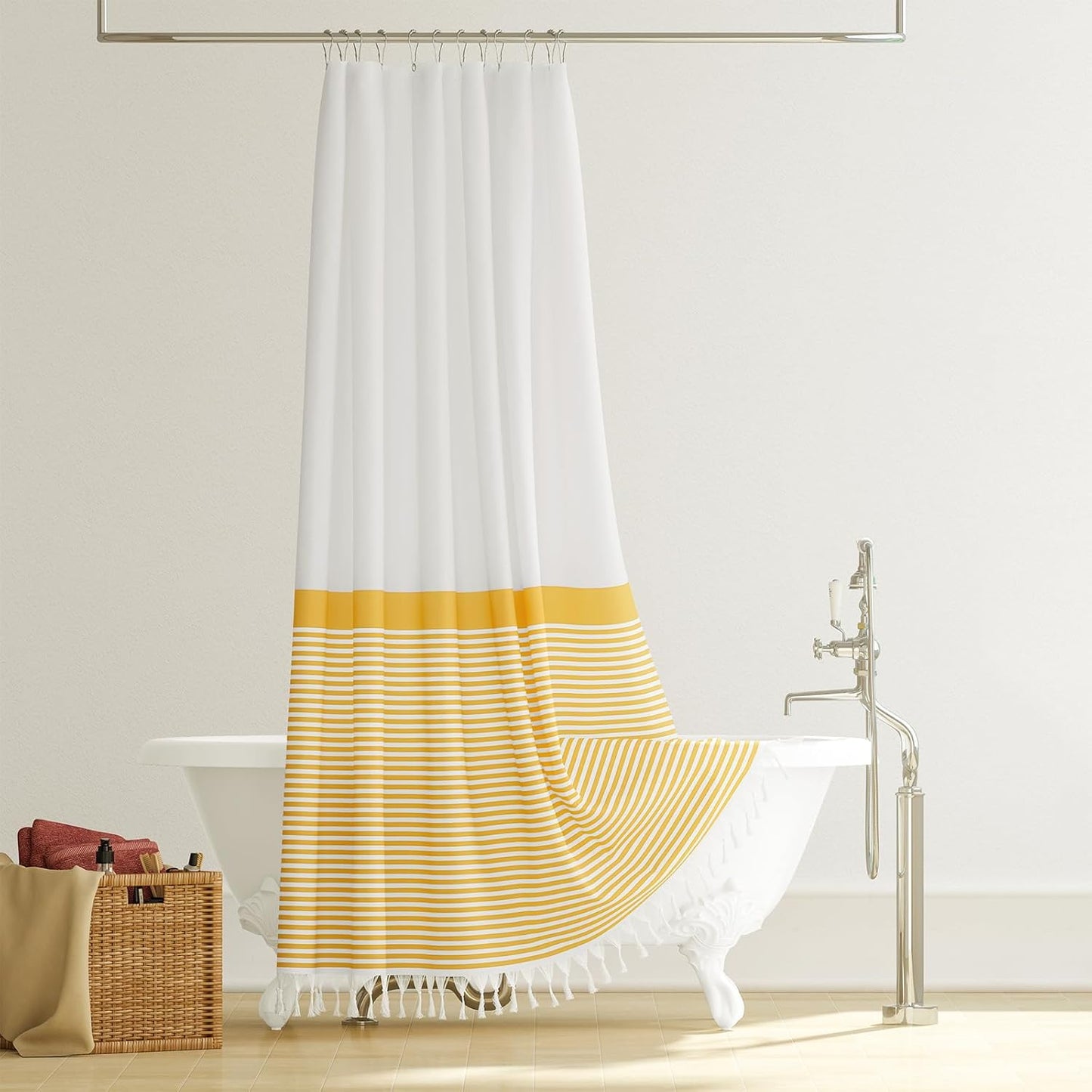 Modern Farmhouse Fabric Shower Curtain, 78 Inch Long Boho Yellow and White Striped Cloth Bathroom Shower Curtain with Tassels, Hotel Luxury Shower Curtain Set with 12 Hooks, Yellow, 72x78