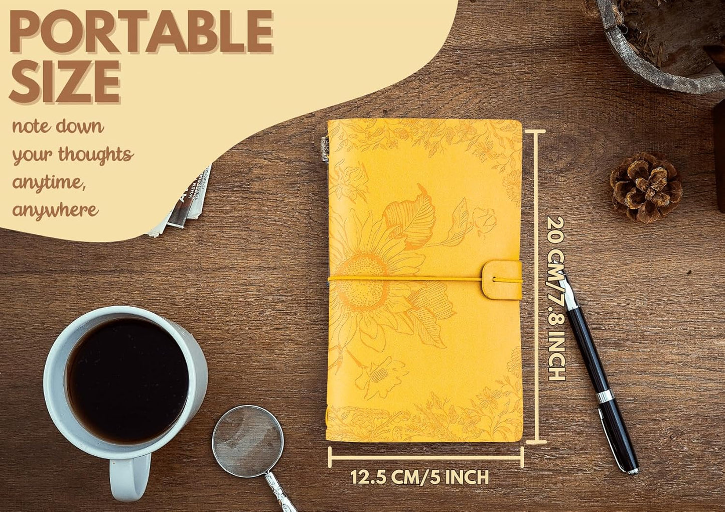 Sunflower gifts for Women Leather Journal Notebook 7x5 Inches, Refillable Sketchbook, Travel Diary, Lined Planner - Yellow - Magic Sunflower