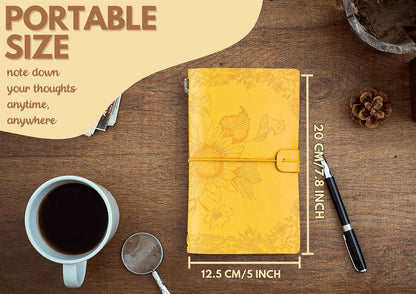 Sunflower gifts for Women Leather Journal Notebook 7x5 Inches, Refillable Sketchbook, Travel Diary, Lined Planner - Yellow - Magic Sunflower