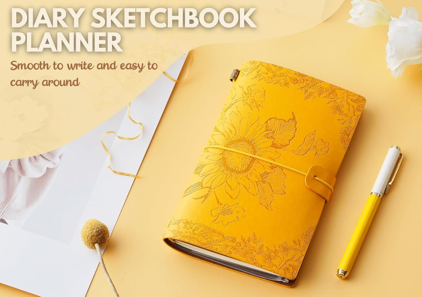 Sunflower gifts for Women Leather Journal Notebook 7x5 Inches, Refillable Sketchbook, Travel Diary, Lined Planner - Yellow - Magic Sunflower