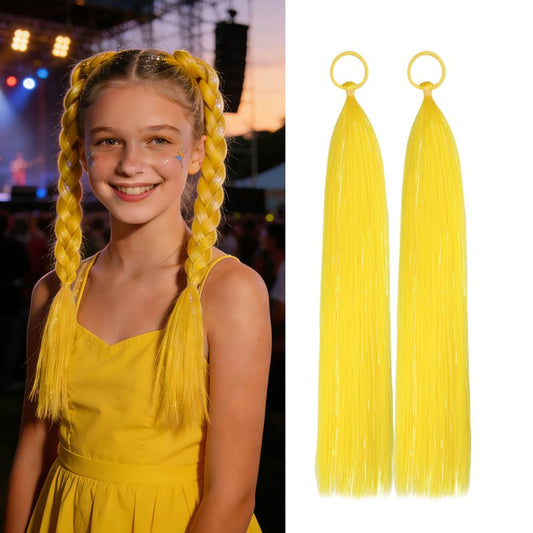 Yellow Ponytail Hair Extensions With Rubber Band, Tinsel Hair for Women and Girls Accessories Synthetic Ponytail Hair Pieces Halloween Party Festival Rave Wacky Crazy Day and Daily Using 2pcs/lot