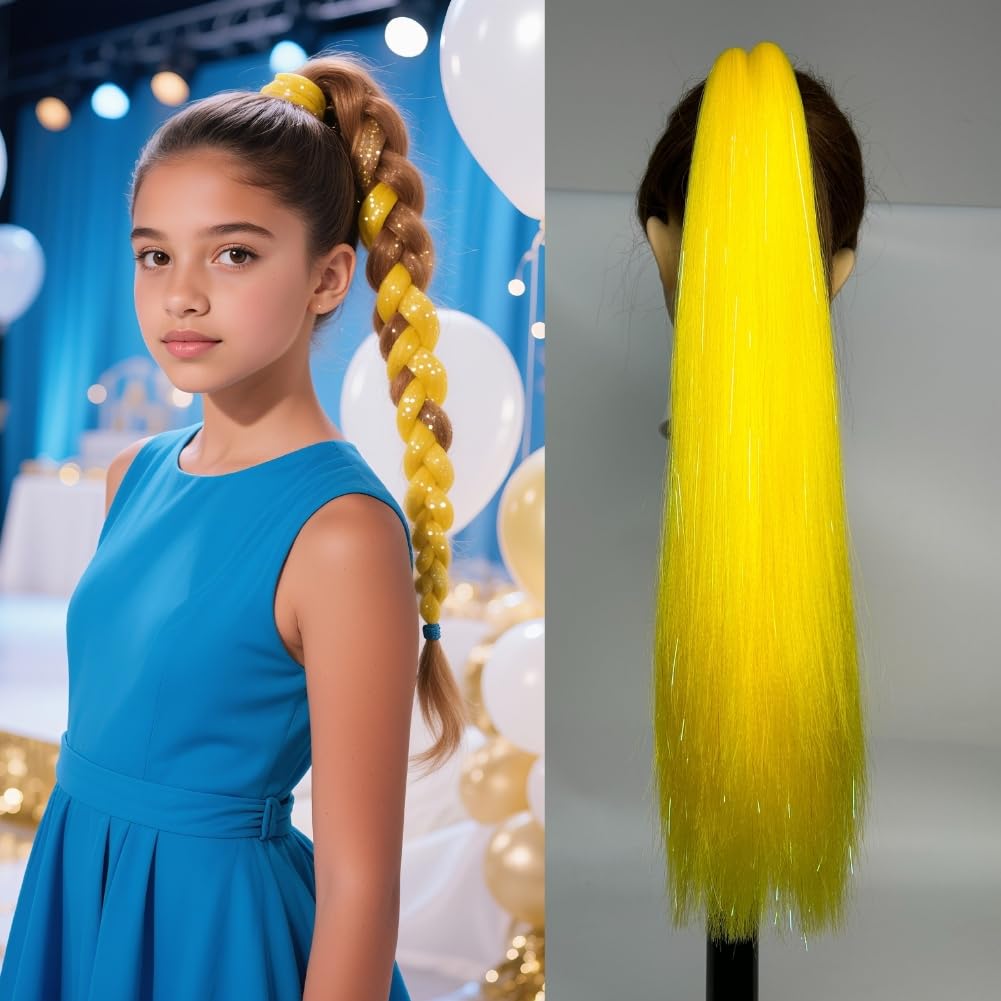 Yellow Ponytail Hair Extensions With Rubber Band, Tinsel Hair for Women and Girls Accessories Synthetic Ponytail Hair Pieces Halloween Party Festival Rave Wacky Crazy Day and Daily Using 2pcs/lot