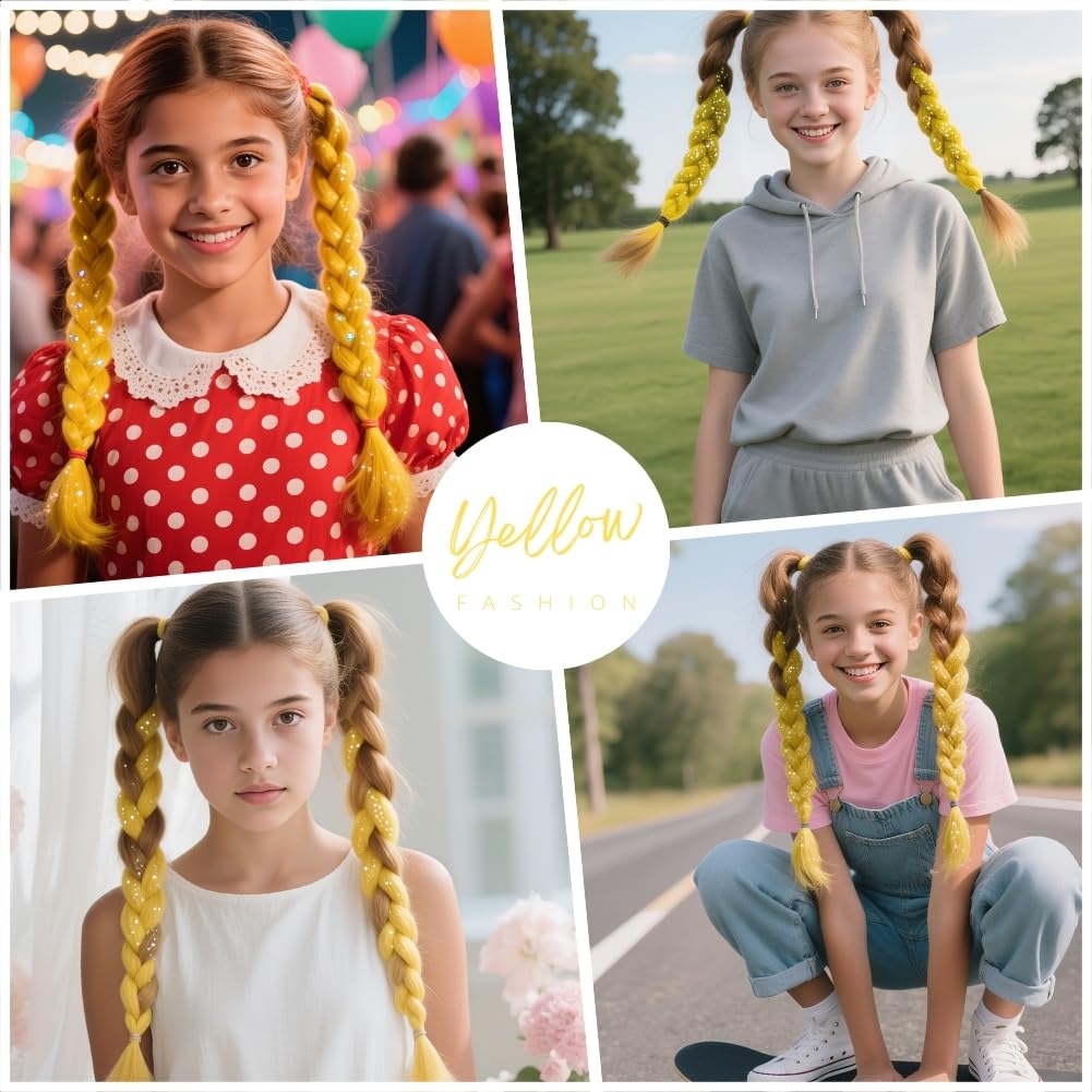 Yellow Ponytail Hair Extensions With Rubber Band, Tinsel Hair for Women and Girls Accessories Synthetic Ponytail Hair Pieces Halloween Party Festival Rave Wacky Crazy Day and Daily Using 2pcs/lot