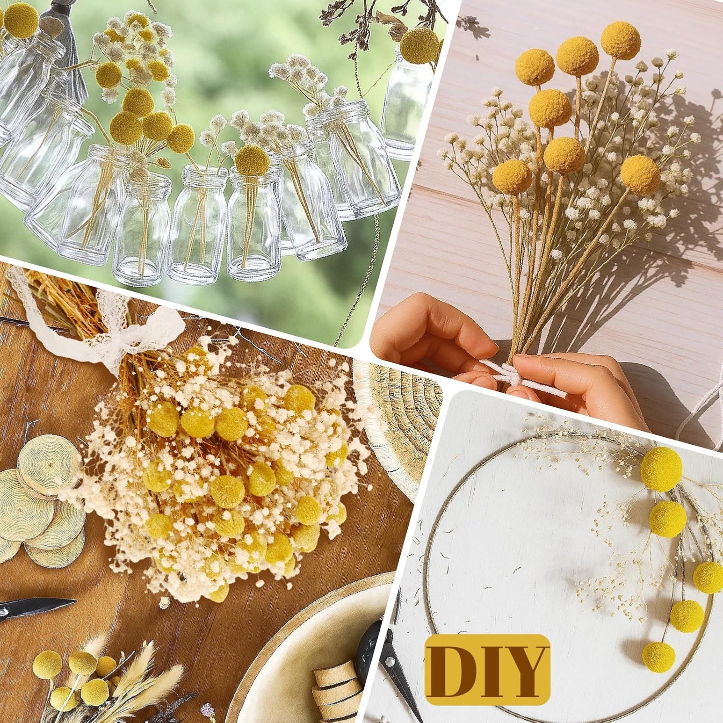 50 Pcs Dried Billy Balls & White Baby’s Breath Flowers, 16" 30Pcs Dried Yellow Craspedia & 20Pcs White Gypsophila Flowers, Rustic Boho Farmhouse Decor, Wedding, Cake, Tall Vase Decoration, DIY Crafts