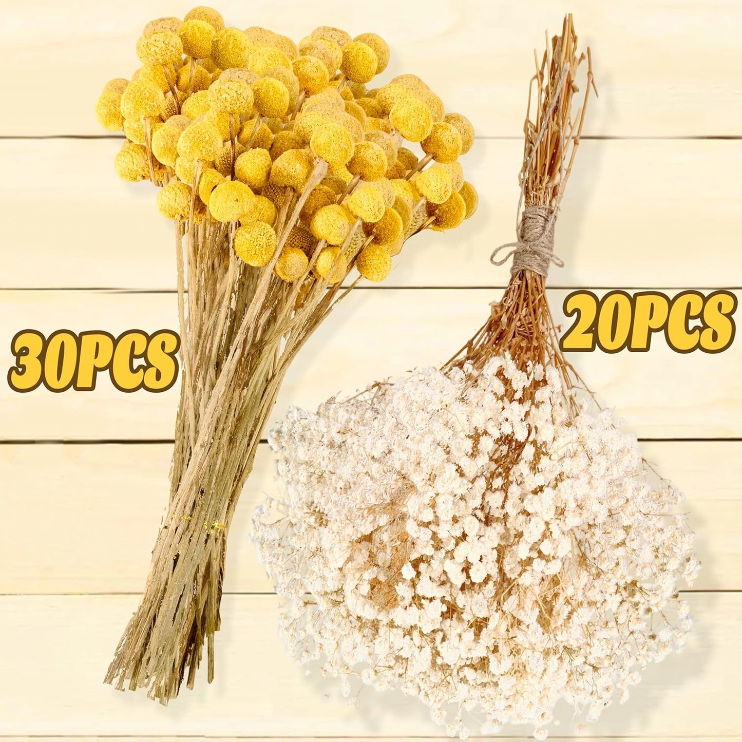 50 Pcs Dried Billy Balls & White Baby’s Breath Flowers, 16" 30Pcs Dried Yellow Craspedia & 20Pcs White Gypsophila Flowers, Rustic Boho Farmhouse Decor, Wedding, Cake, Tall Vase Decoration, DIY Crafts