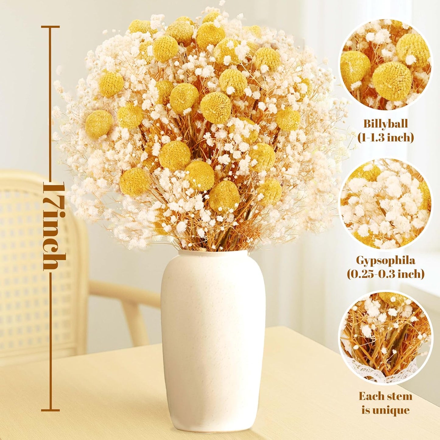 50 Pcs Dried Billy Balls & White Baby’s Breath Flowers, 16" 30Pcs Dried Yellow Craspedia & 20Pcs White Gypsophila Flowers, Rustic Boho Farmhouse Decor, Wedding, Cake, Tall Vase Decoration, DIY Crafts