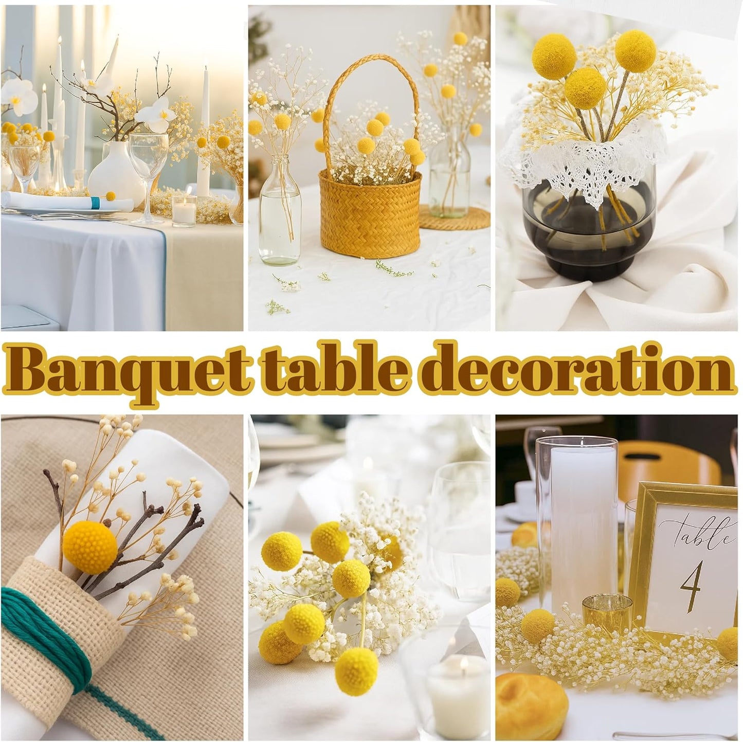 50 Pcs Dried Billy Balls & White Baby’s Breath Flowers, 16" 30Pcs Dried Yellow Craspedia & 20Pcs White Gypsophila Flowers, Rustic Boho Farmhouse Decor, Wedding, Cake, Tall Vase Decoration, DIY Crafts