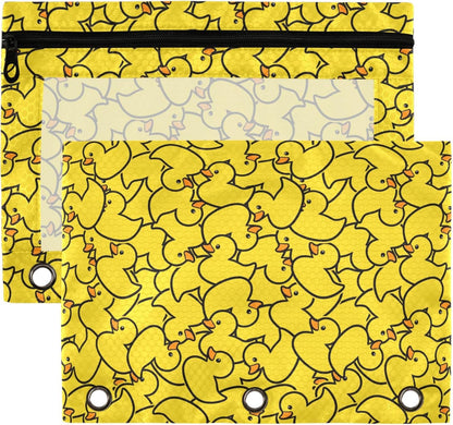 Yellow Duck Binder Pouches 3 Ring for Boys Girls School Office College Supplies Cute Ducks Animals Pencil Pouches Case Bag with Clear Window and Zipper 2 pack