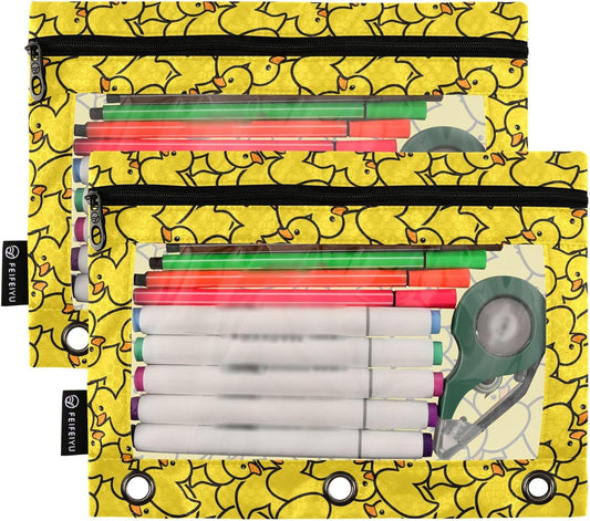 Yellow Duck Binder Pouches 3 Ring for Boys Girls School Office College Supplies Cute Ducks Animals Pencil Pouches Case Bag with Clear Window and Zipper 2 pack