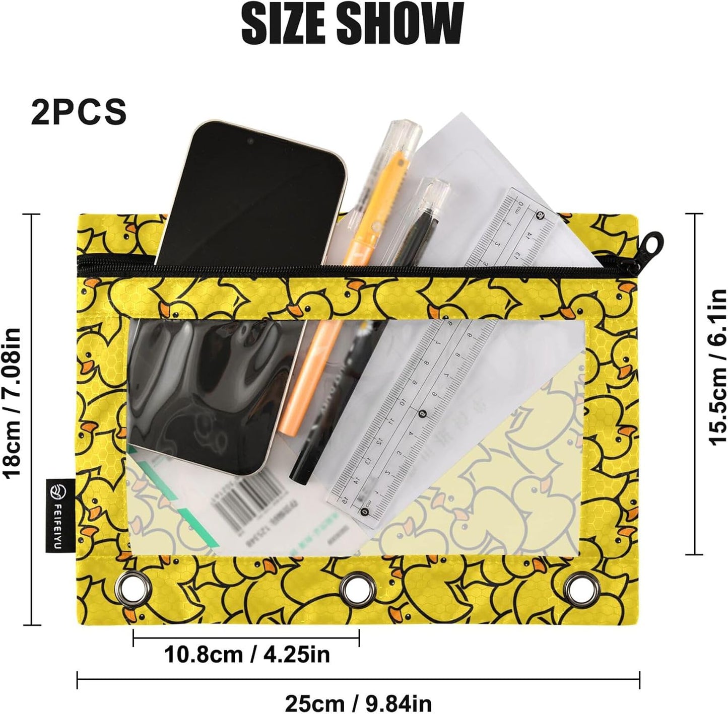 Yellow Duck Binder Pouches 3 Ring for Boys Girls School Office College Supplies Cute Ducks Animals Pencil Pouches Case Bag with Clear Window and Zipper 2 pack