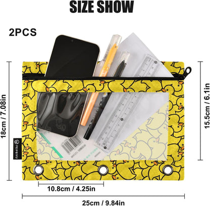 Yellow Duck Binder Pouches 3 Ring for Boys Girls School Office College Supplies Cute Ducks Animals Pencil Pouches Case Bag with Clear Window and Zipper 2 pack