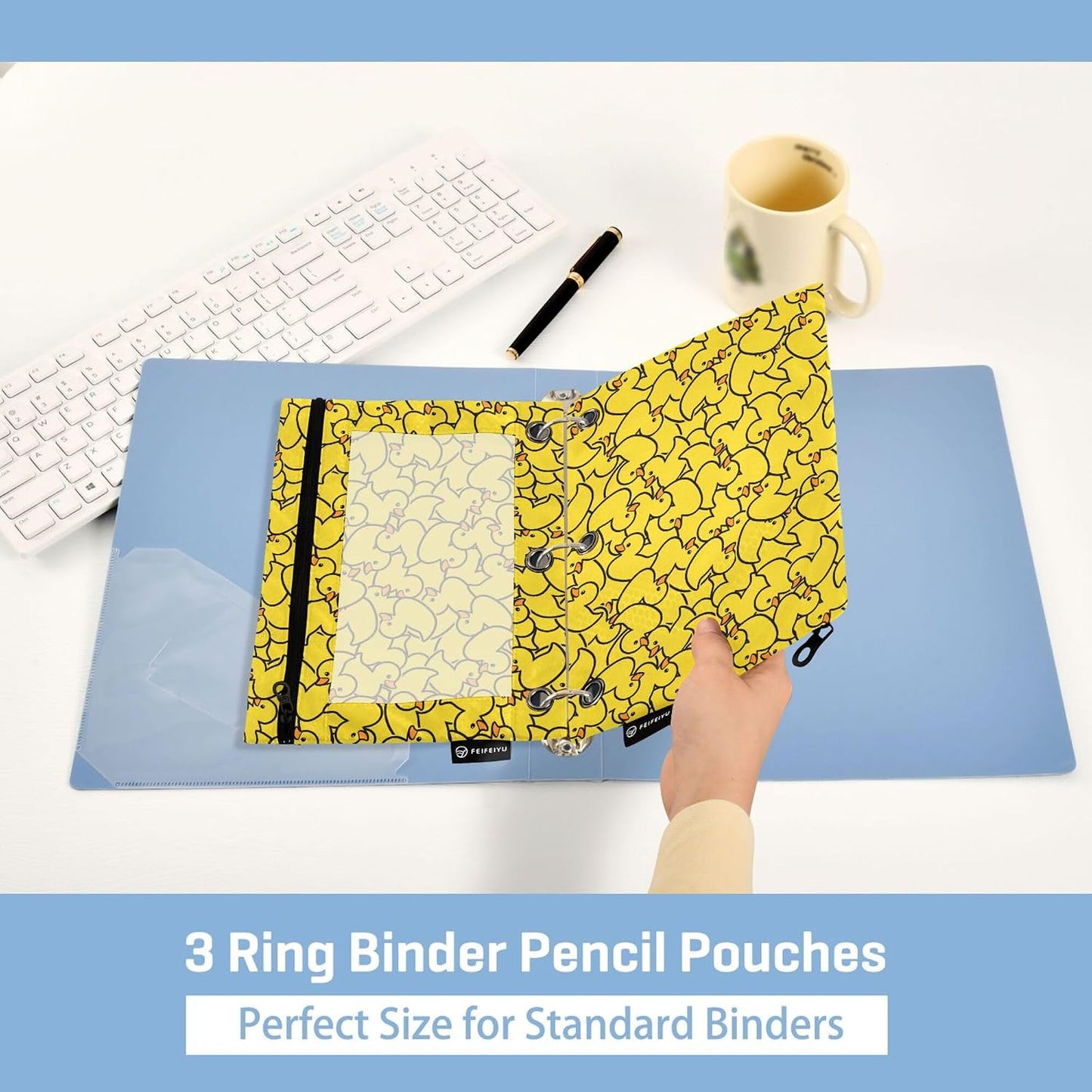 Yellow Duck Binder Pouches 3 Ring for Boys Girls School Office College Supplies Cute Ducks Animals Pencil Pouches Case Bag with Clear Window and Zipper 2 pack