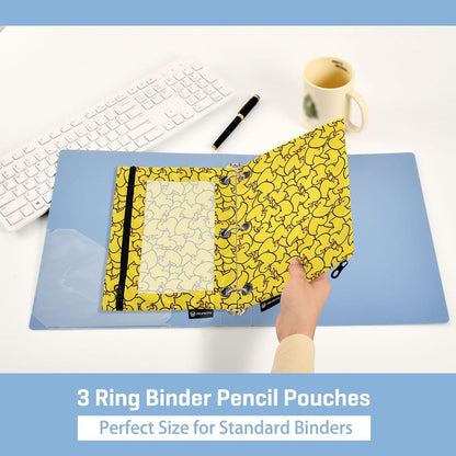 Yellow Duck Binder Pouches 3 Ring for Boys Girls School Office College Supplies Cute Ducks Animals Pencil Pouches Case Bag with Clear Window and Zipper 2 pack
