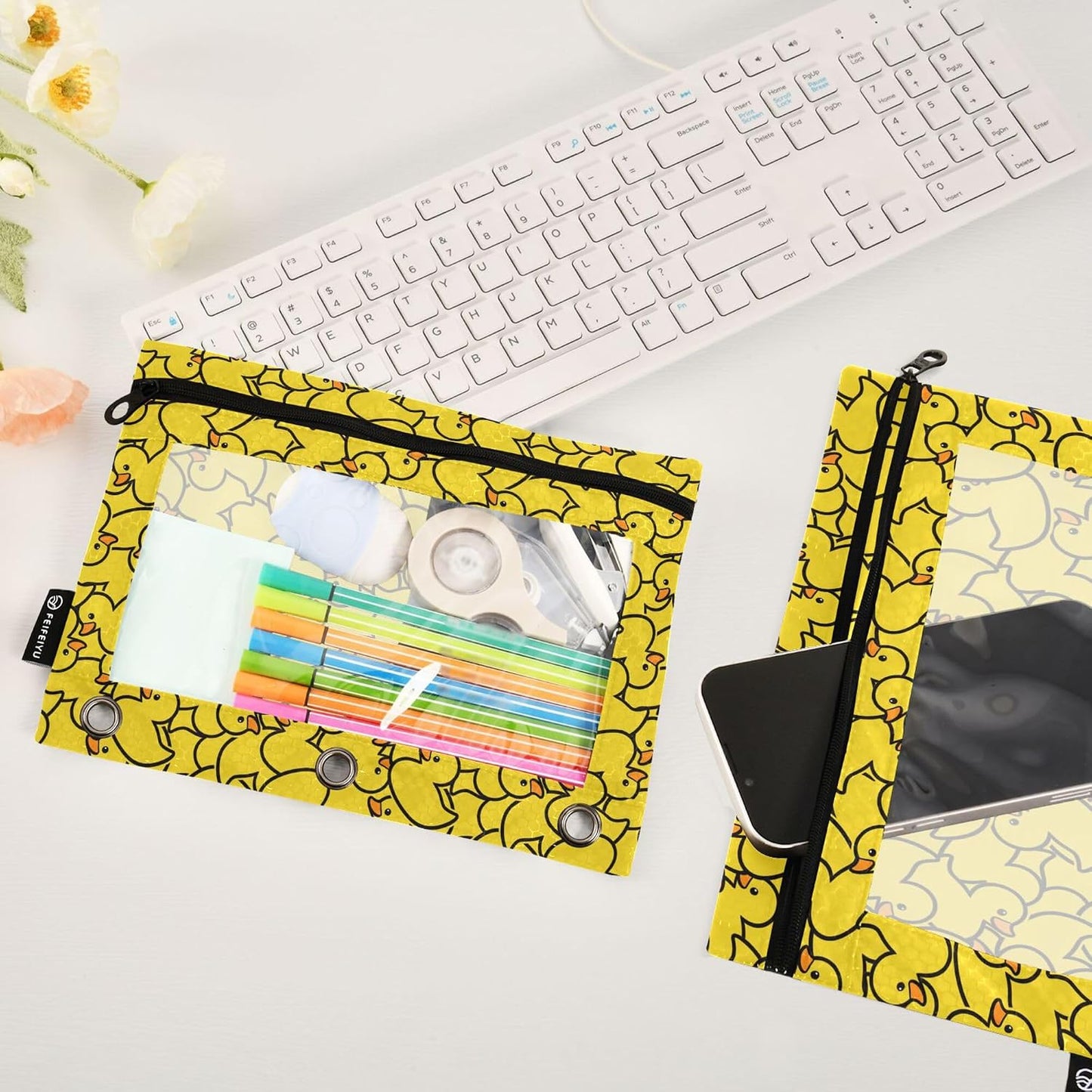 Yellow Duck Binder Pouches 3 Ring for Boys Girls School Office College Supplies Cute Ducks Animals Pencil Pouches Case Bag with Clear Window and Zipper 2 pack