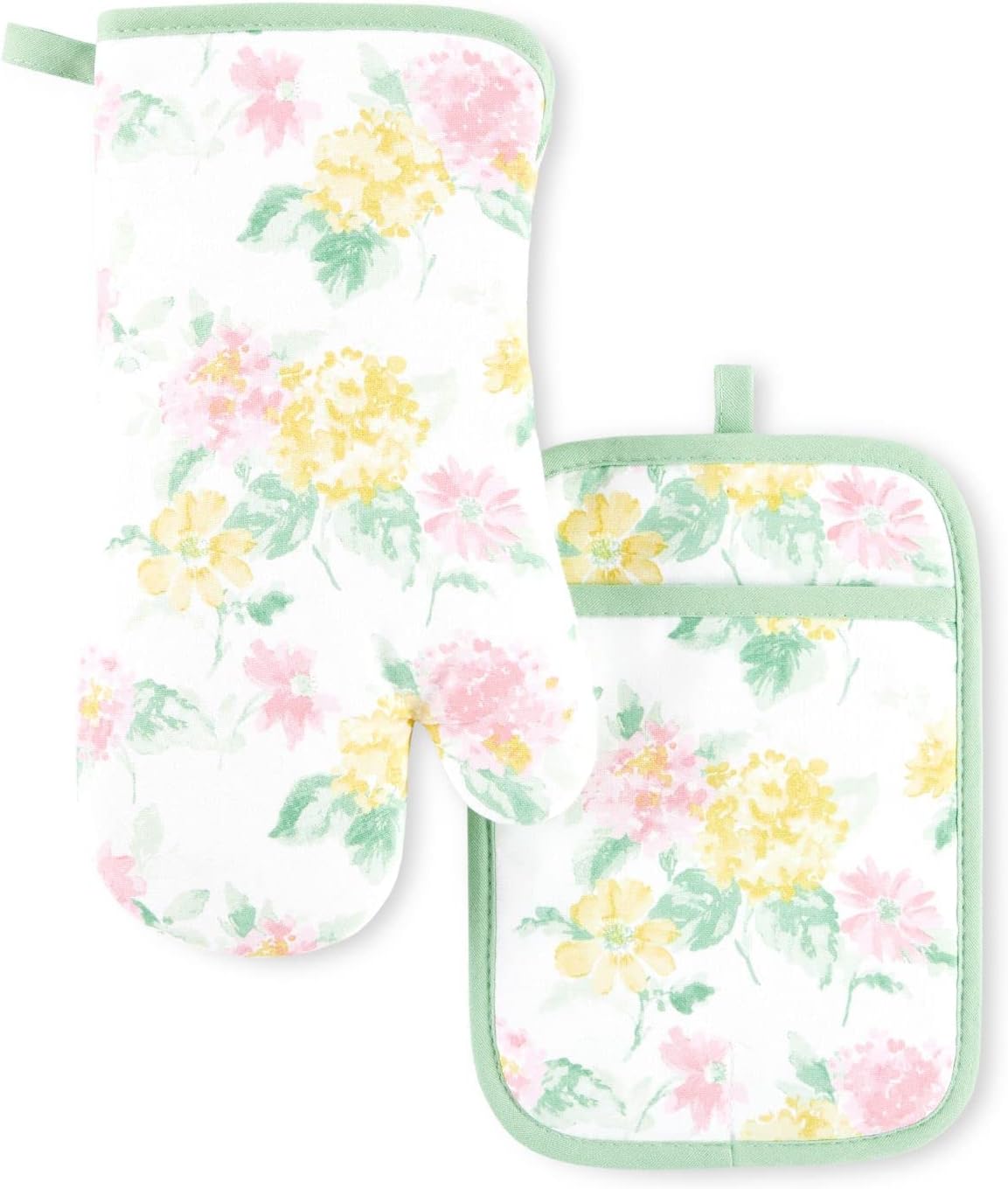 Amber Floral Oven Mitt & Pot Holder Set 2-Pack, Pink/Yellow, OM: 7"x13" & PH: 7"x10"