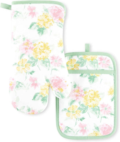 Amber Floral Oven Mitt & Pot Holder Set 2-Pack, Pink/Yellow, OM: 7"x13" & PH: 7"x10"
