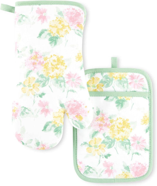 Amber Floral Oven Mitt & Pot Holder Set 2-Pack, Pink/Yellow, OM: 7"x13" & PH: 7"x10"