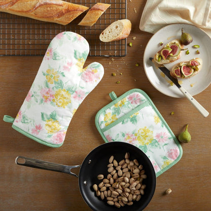 Amber Floral Oven Mitt & Pot Holder Set 2-Pack, Pink/Yellow, OM: 7"x13" & PH: 7"x10"