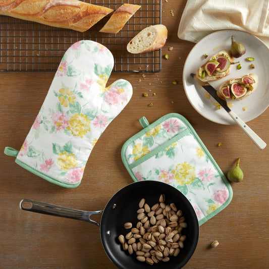 Amber Floral Oven Mitt & Pot Holder Set 2-Pack, Pink/Yellow, OM: 7"x13" & PH: 7"x10"